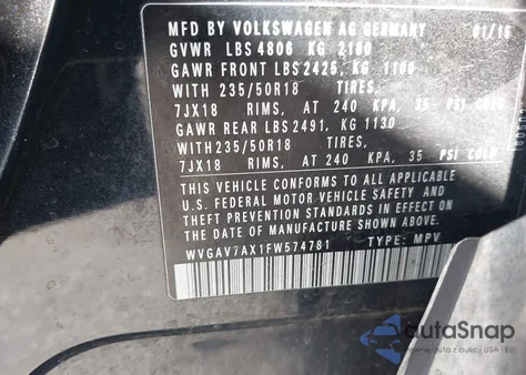 2015 Volkswagen Tiguan Se from USA, damaged, VIN WVGAV7AX1FW574781